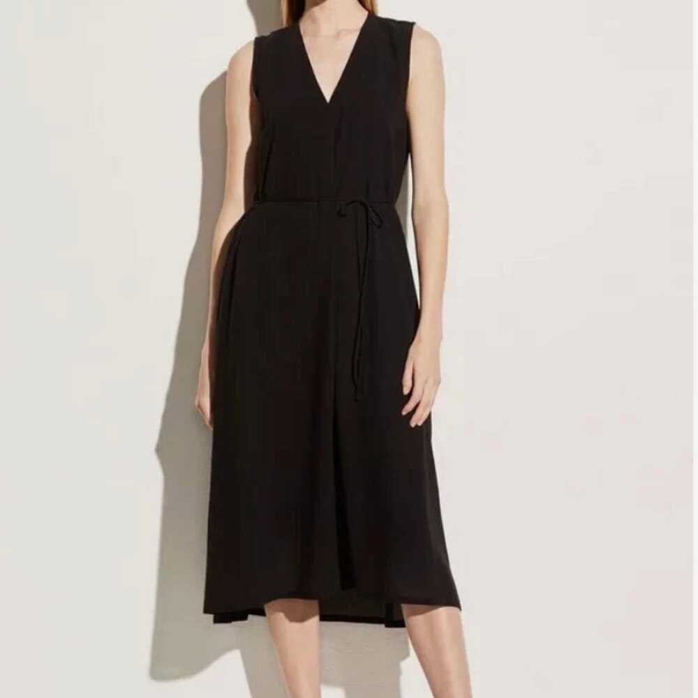 Vince Sleeveless V-Neck Black Midi Dress with Tie Size L